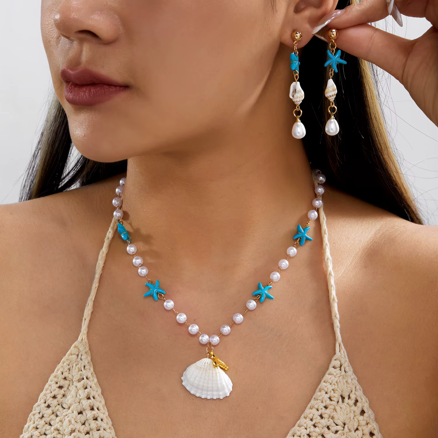 Ensemble de bijoux bohèmes d'été pour femmes, style vacances, collier de coquillages, étoiles de mer et perles, boucles d'oreilles pendantes, accessoires de vacances