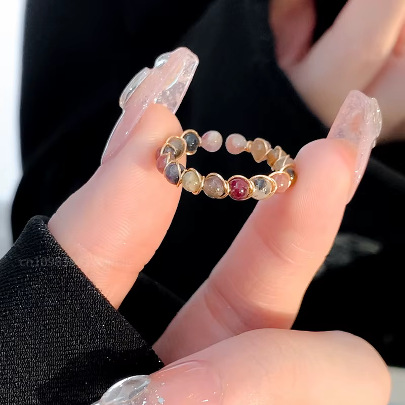 Colorful Tourmaline Ring for Women Fashion Retro Handmade Metal Wire Winding Beaded Open Adjustable