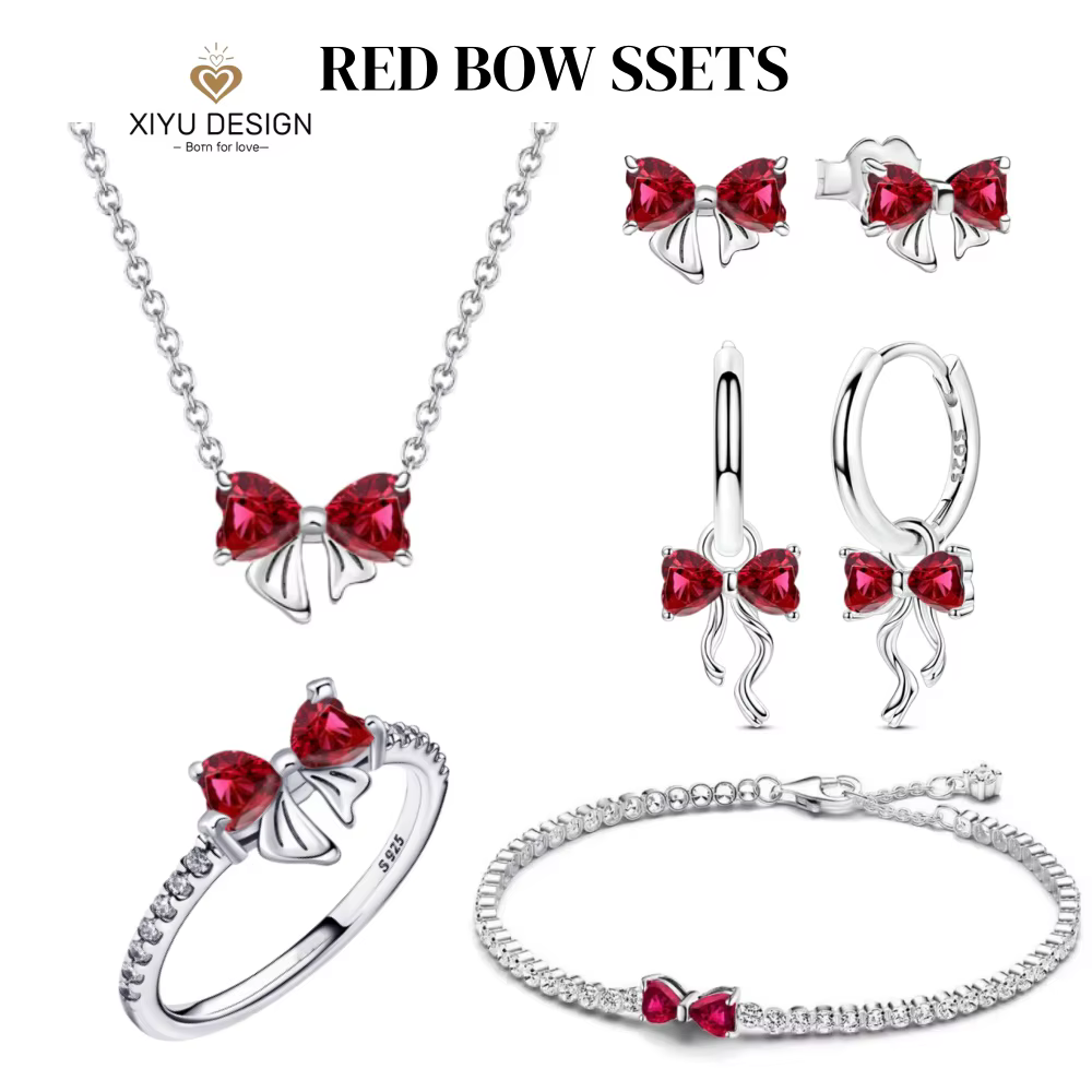 Ensemble de bijoux exquis en argent sterling 925 avec nœud rouge pour femme
