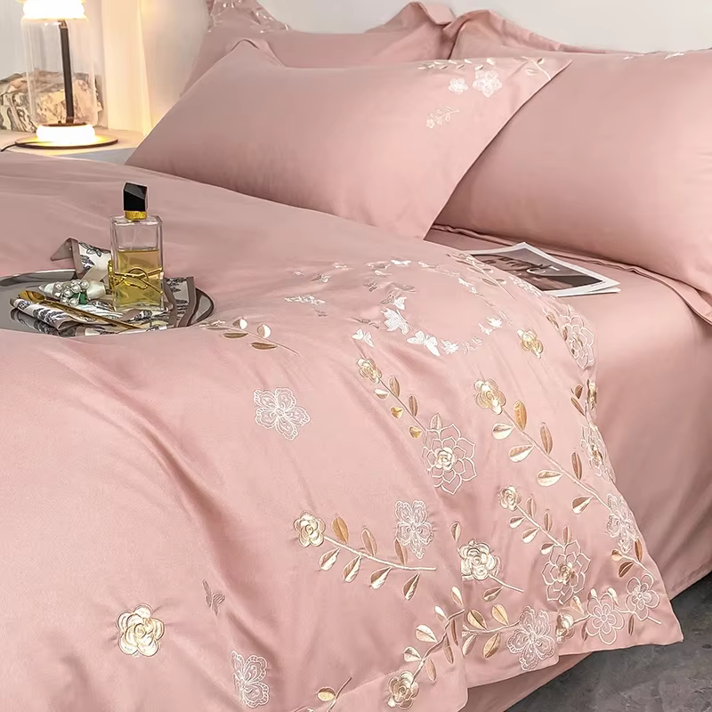4 pièces/ensemble léger luxe 120s pur coton Floral brodé housse de couette taies d'oreiller drap-housse doux pour la peau ensemble de literie nue