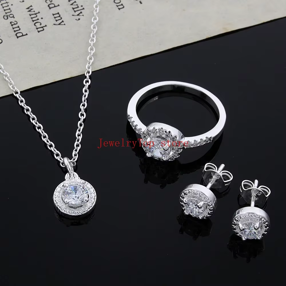 Offre spéciale 925 en argent Sterling mignon cadeau de noël noble mode élégante femmes brillant cristal CZ collier boucle d'oreille bague ensemble de bijoux