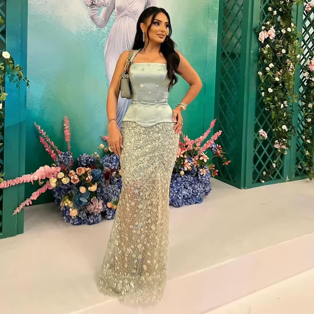 Robe de soirée de luxe en perles vert sauge