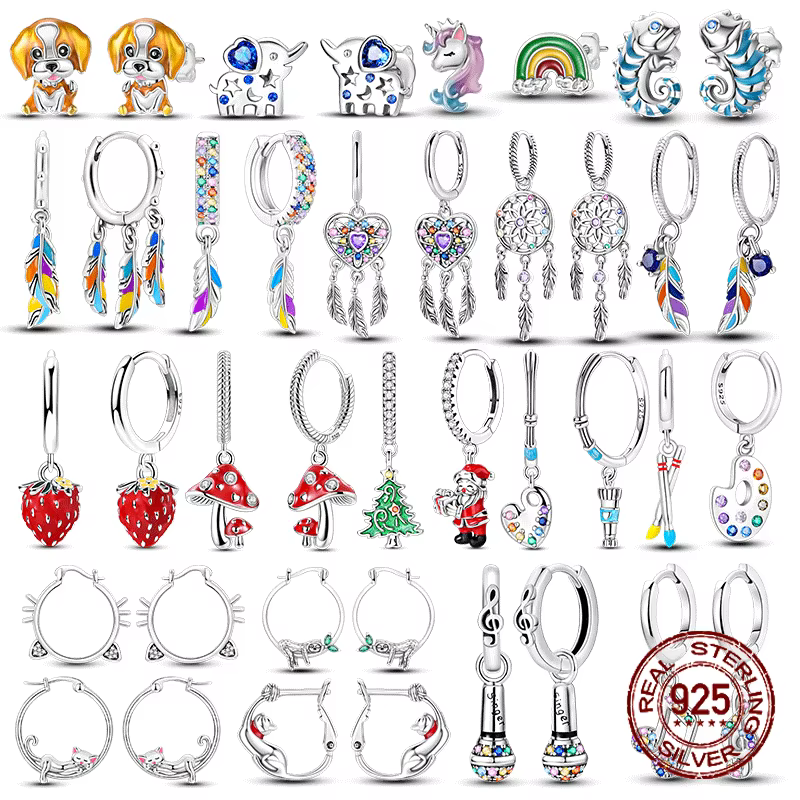 Boucles d'oreilles licorne en argent Sterling 925, Zircon Original, plume d'éléphant, chien, chat, étoile bleue, petites boucles d'oreilles pour femmes, bijoux cadeau