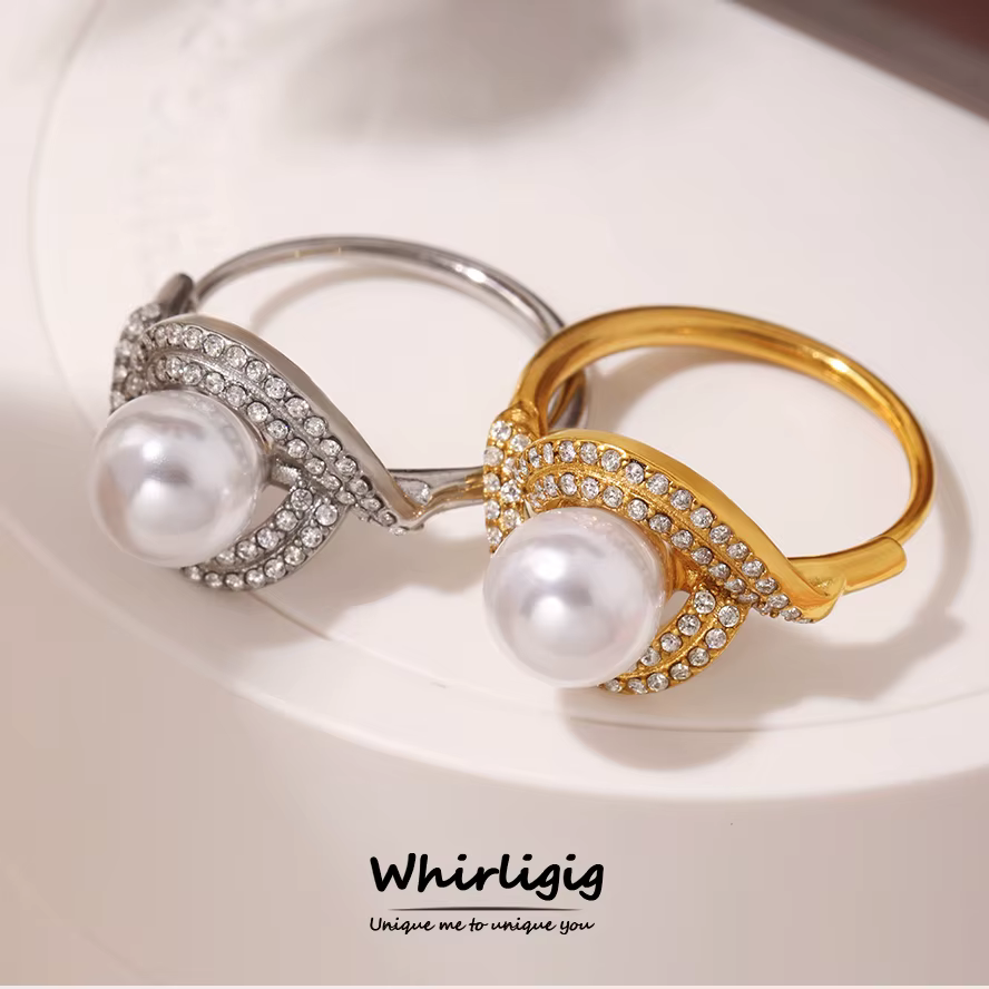 Magnifiques bagues en acier inoxydable pour femmes, plaquées or, incrustées de zircon blanc avec une grosse perle simulée, bijoux de luxe pour banquets