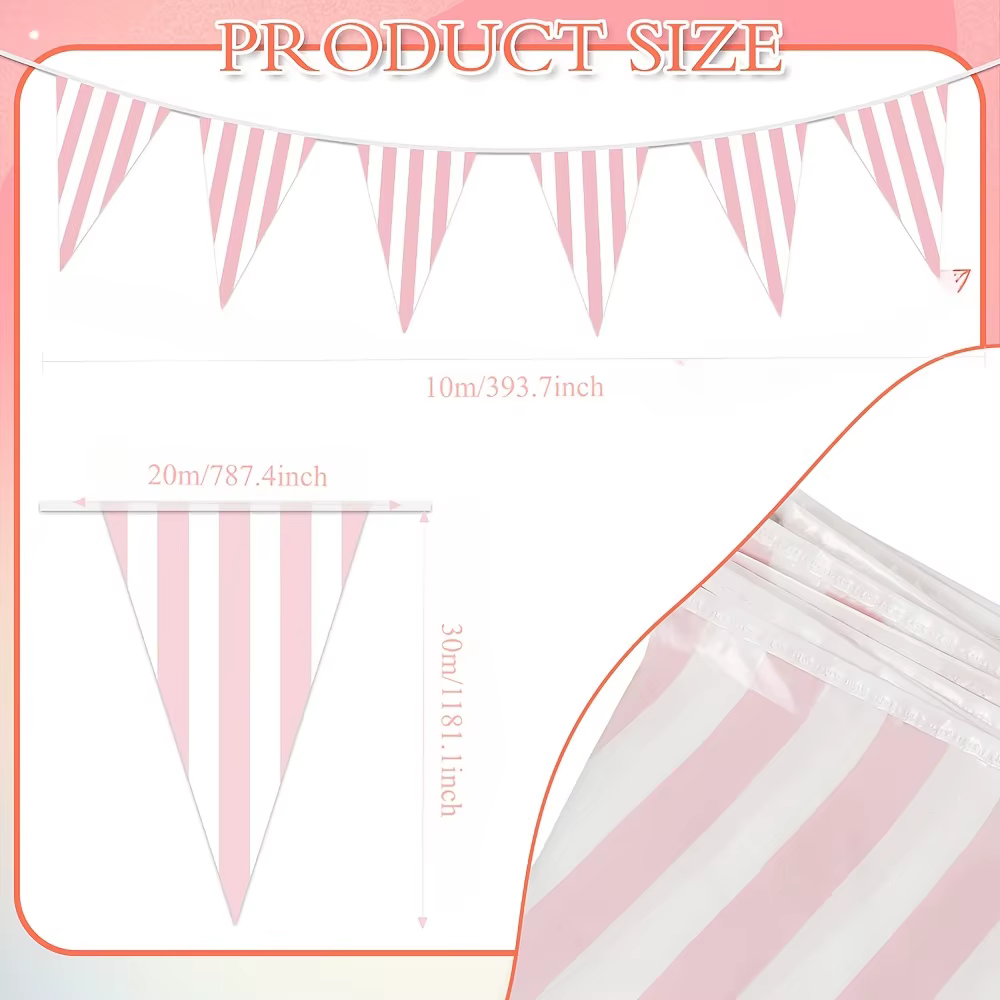 Bannière triangulaire rayée de 10M, lot de 3, guirlande de fête rose et blanche pour mariage, anniversaire, noël, décoration intérieure extérieure