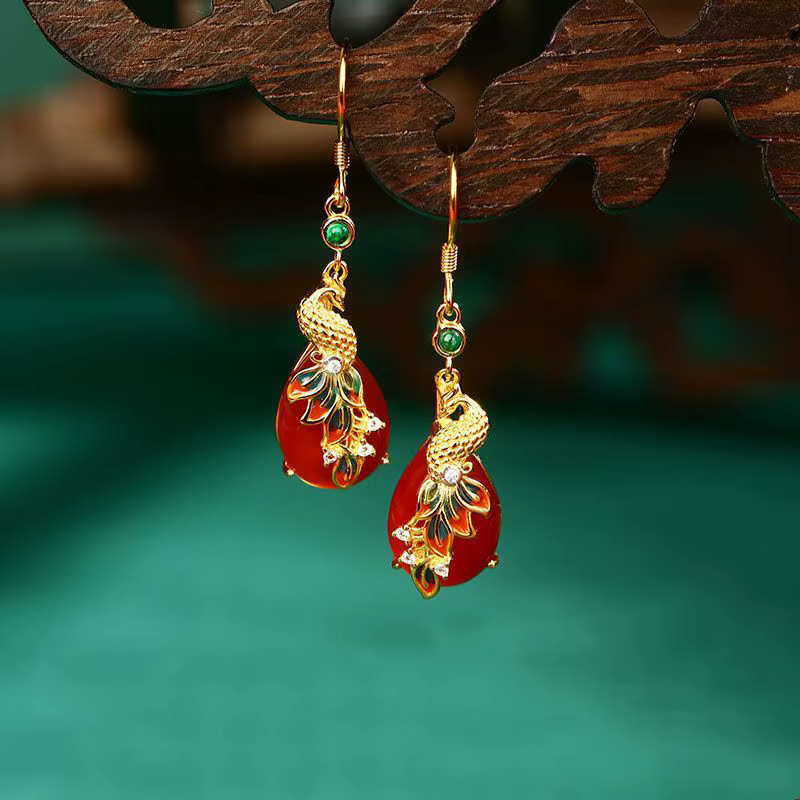 Boucles d'oreilles pendantes en argent sterling 925 avec agate rouge et pampille phénix pour femme