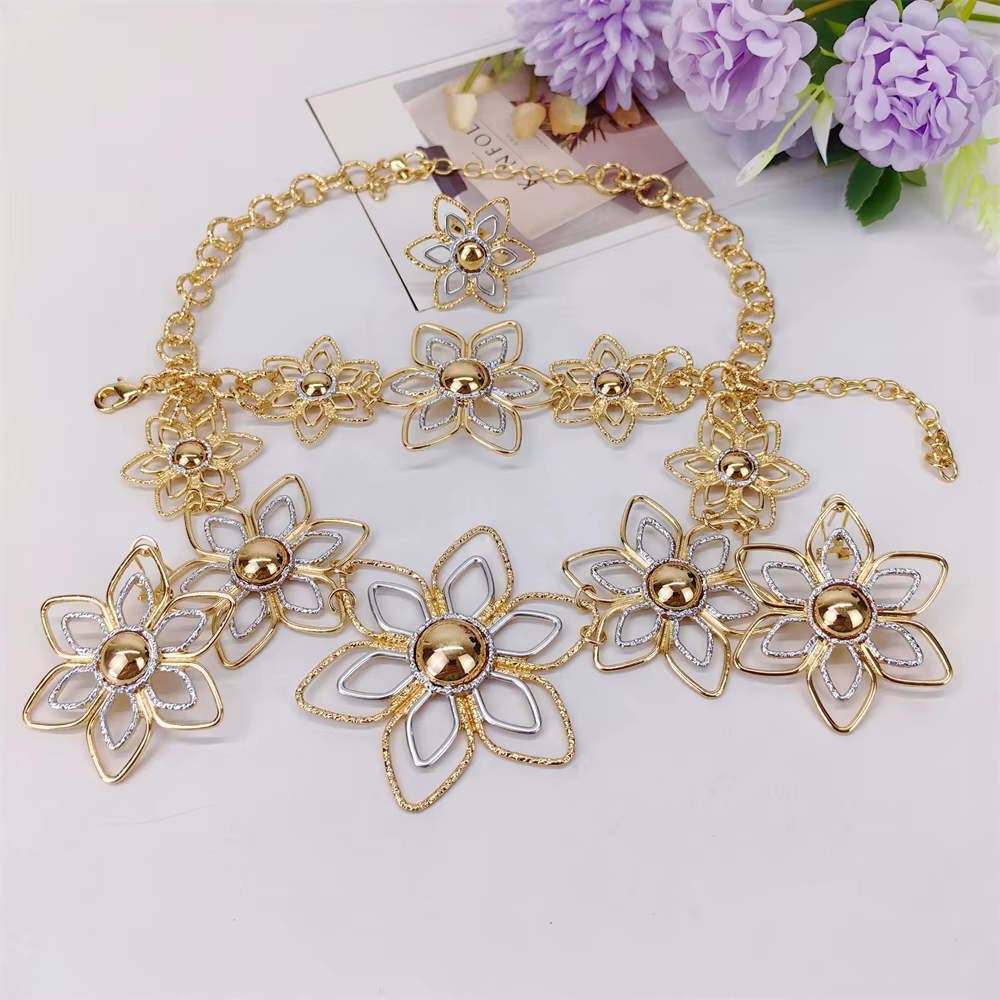 ESALE Parure de bijoux fleuris plaqués or 18 carats pour femme, ensemble de luxe complet collier boucles d'oreilles bracelet bague, idéal pour mariage et banquet 2026