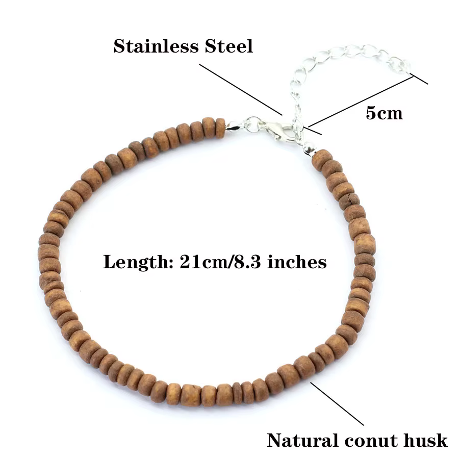 Chaîne de cheville bohème en perles de bois naturelles pour femme