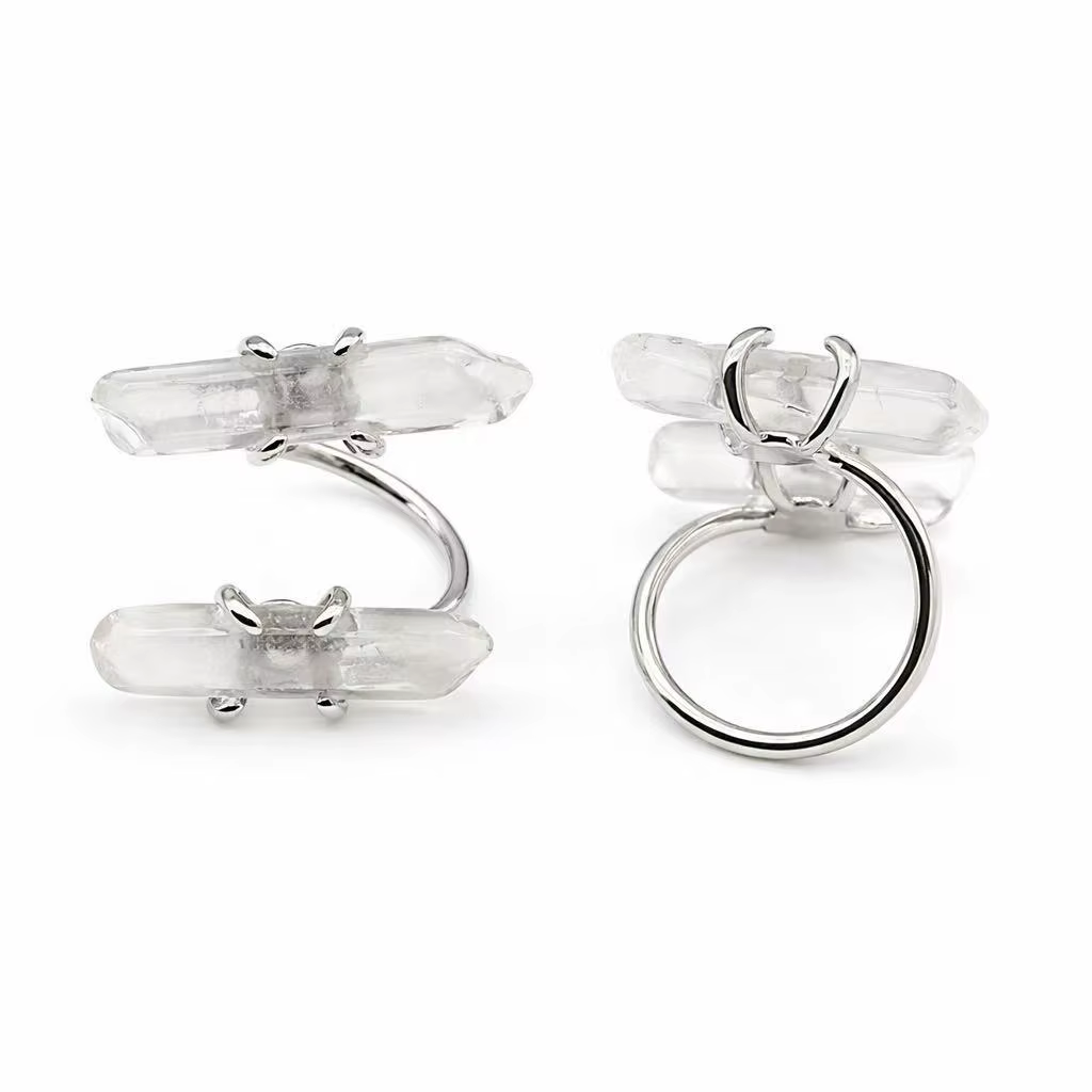 Bague ouverte bohème en quartz naturel transparent pour femmes et filles