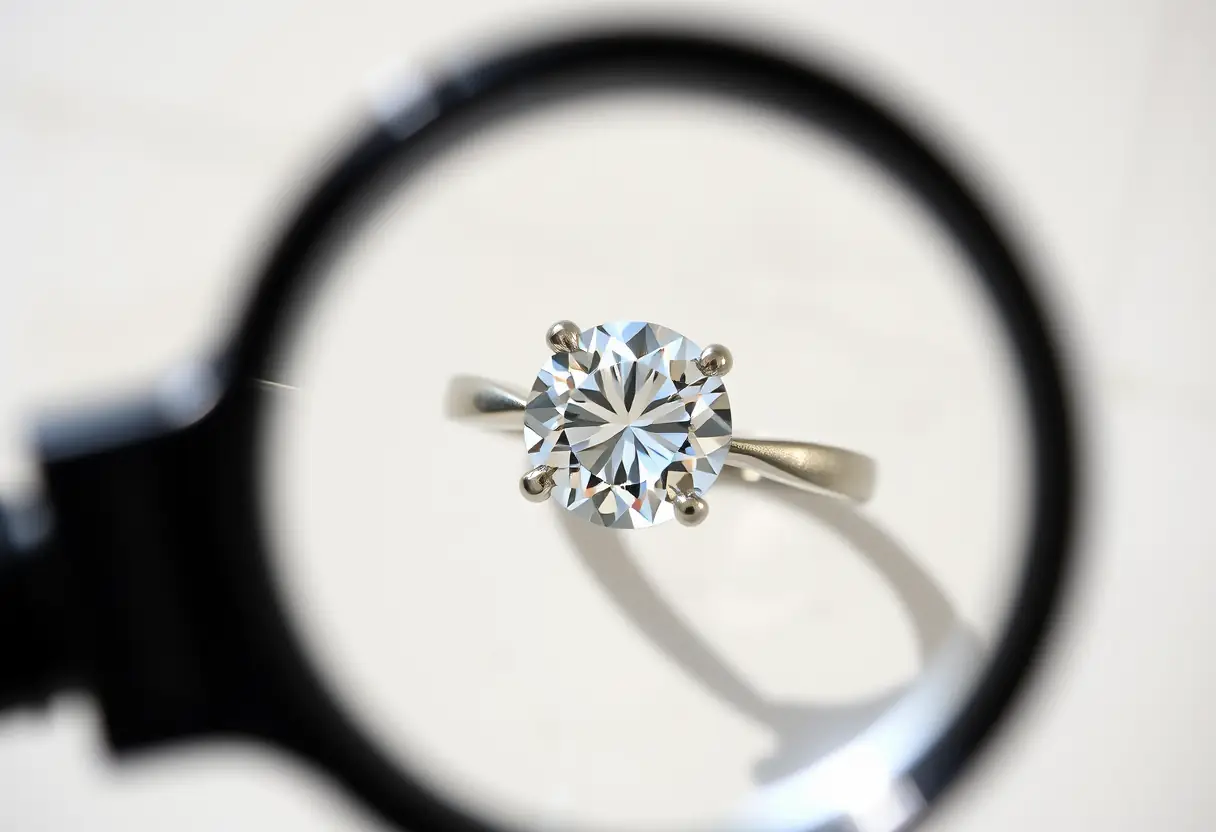 Un anneau de fiançailles sous une loupe, mettant en valeur le diamant central