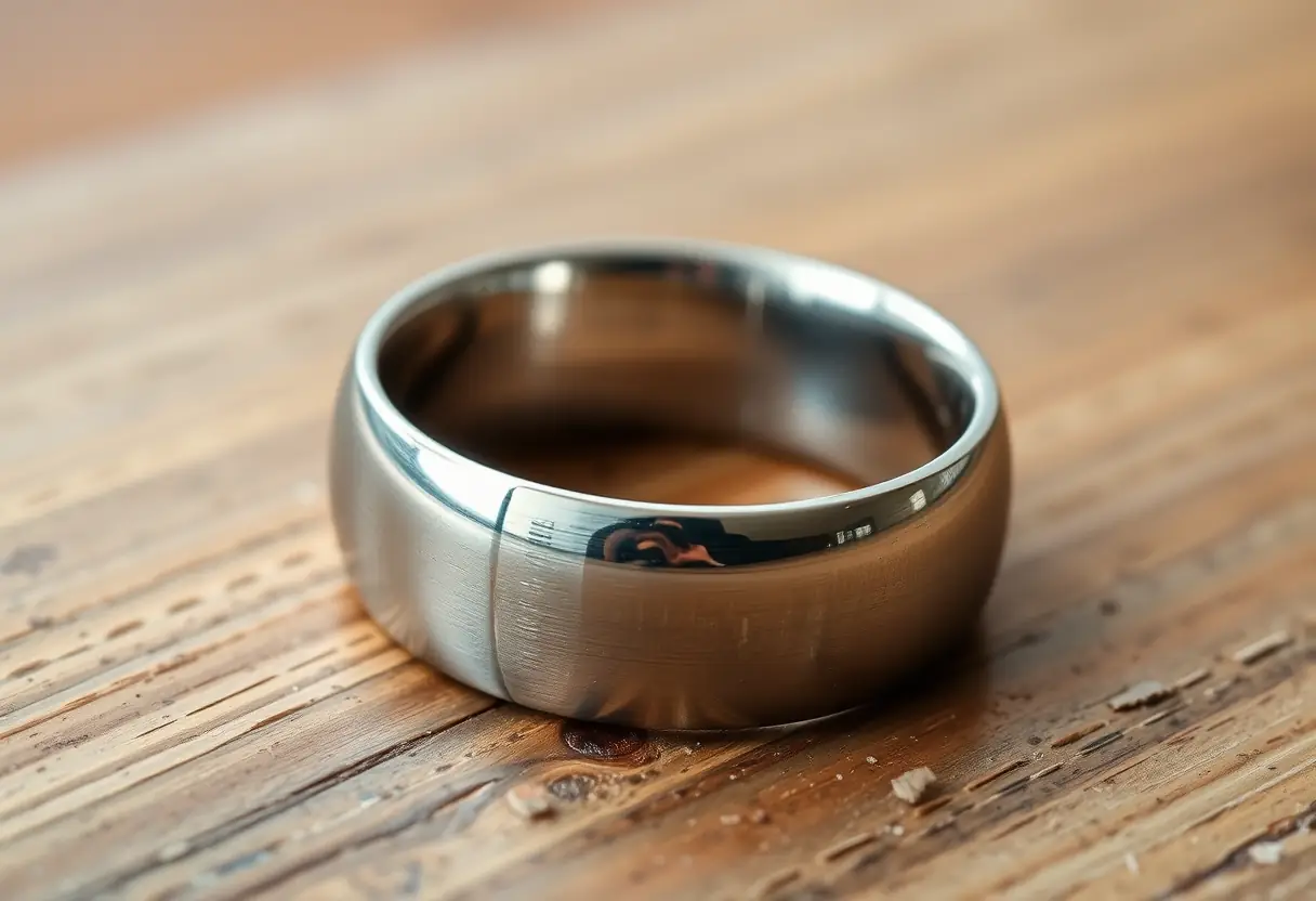 Bague en acier posée sur une table en bois