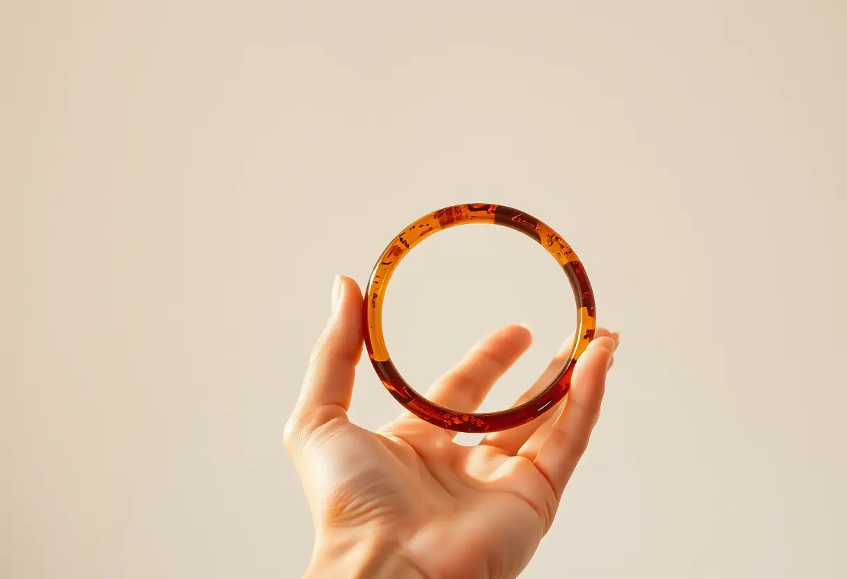 Main tenant un bracelet d'ambre
