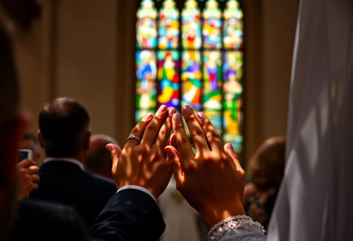 Des mains levées parmi les invités d'un mariage avec des bagues