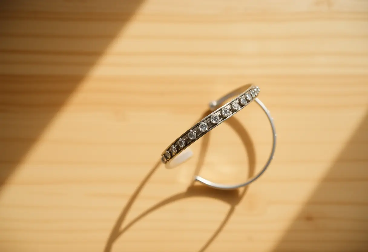 Bracelet en argent avec petites pierres posé sur un meuble