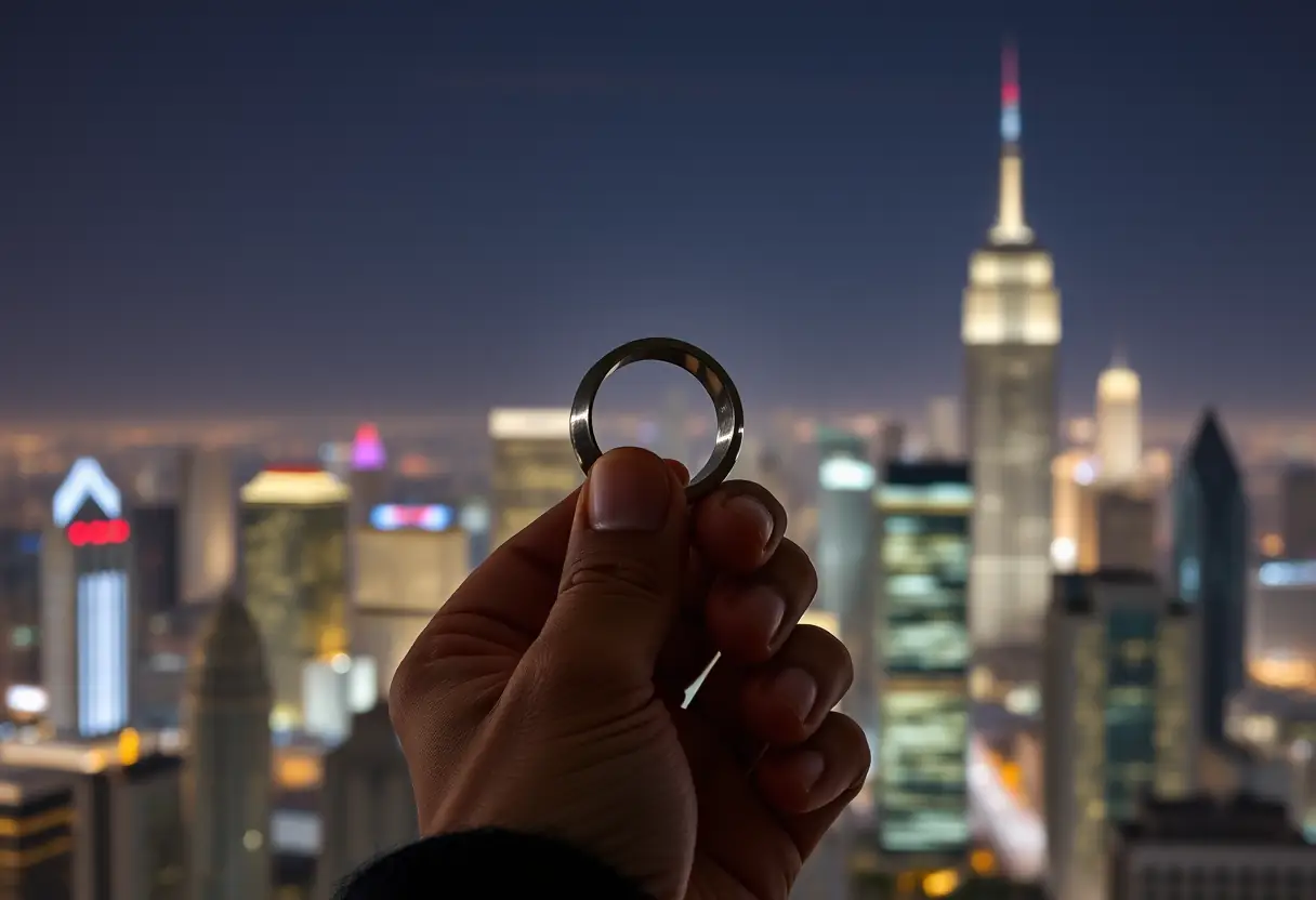 Une main tenant une bague en acier inoxydable face à un paysage urbain