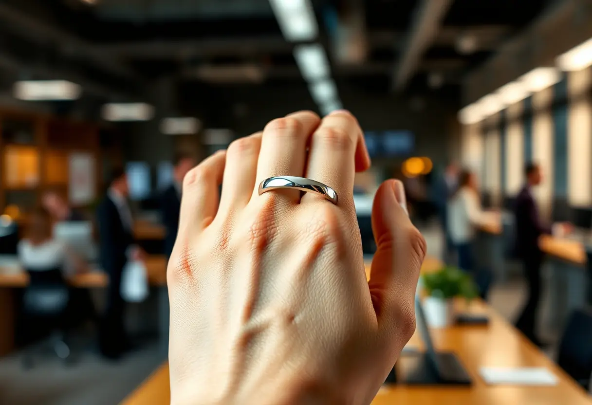 Main tenant un anneau droit en argent dans un environnement professionnel