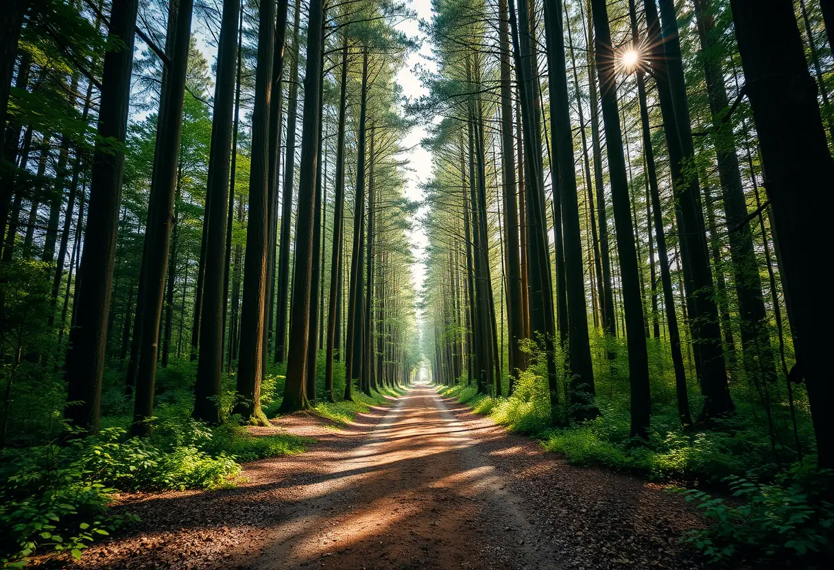 Un chemin de forêt serein bordé par des arbres majestueux symbolisant la croissance et la continuité