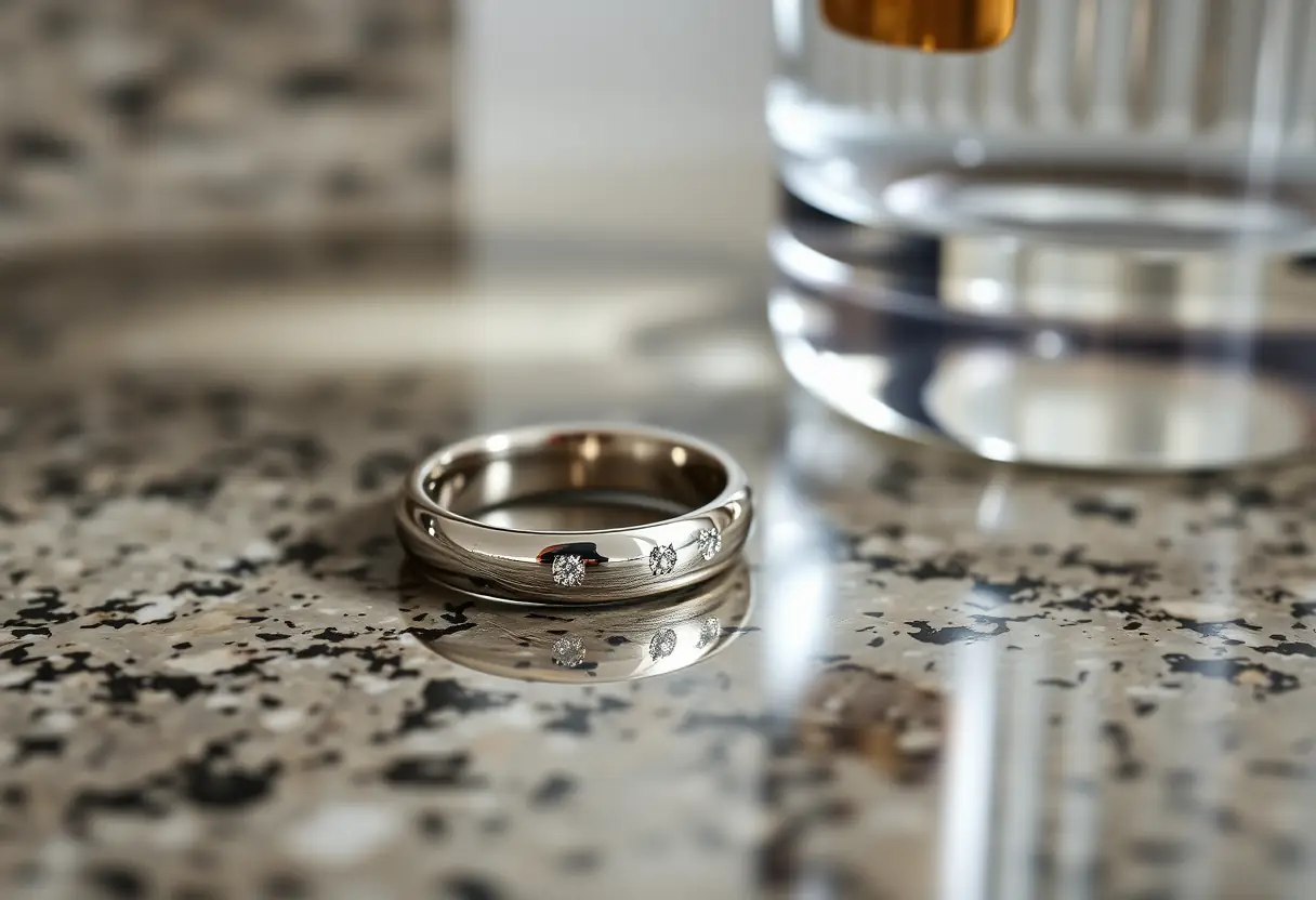Une bague en argent reflétant sur un plan de travail en granit poli