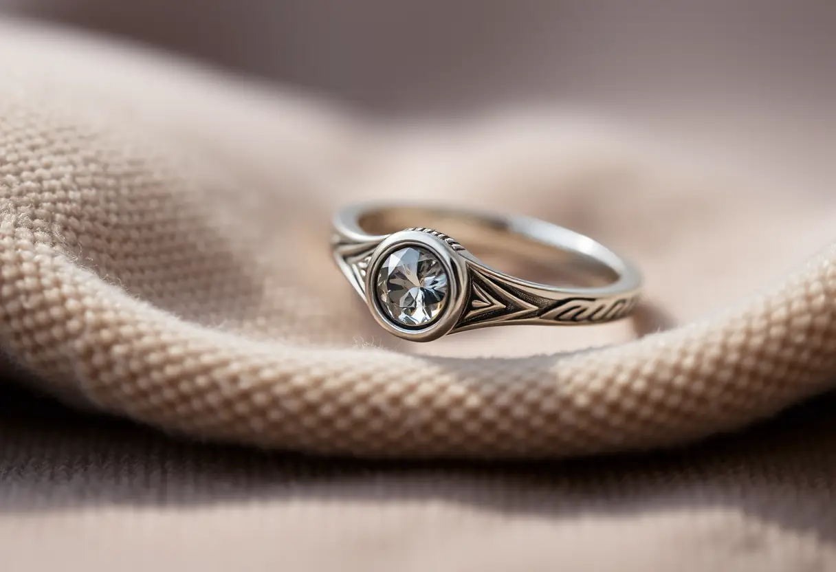 Détail d'une bague en argent avec une pierre posée sur un tissu velours
