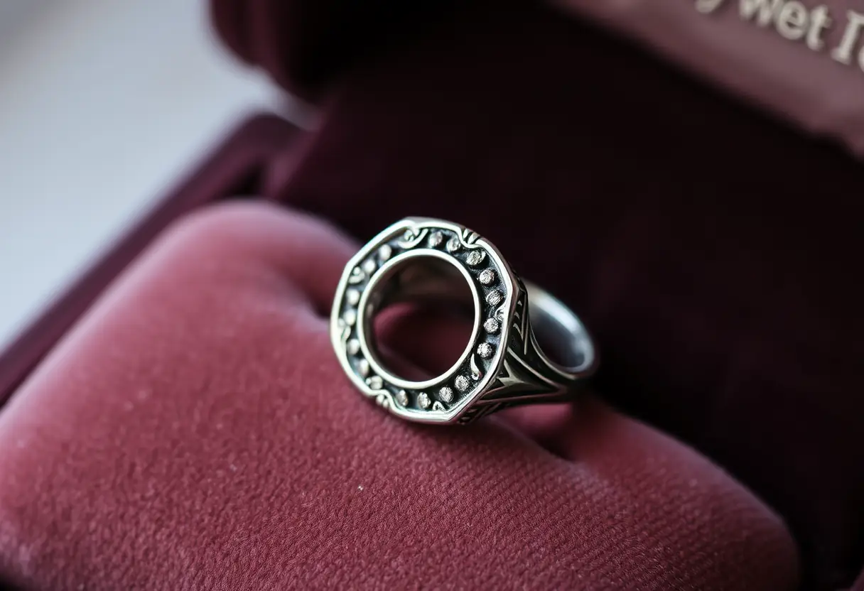 Vue rapprochée d'une bague en argent avec des détails fins sur un coussin en velours