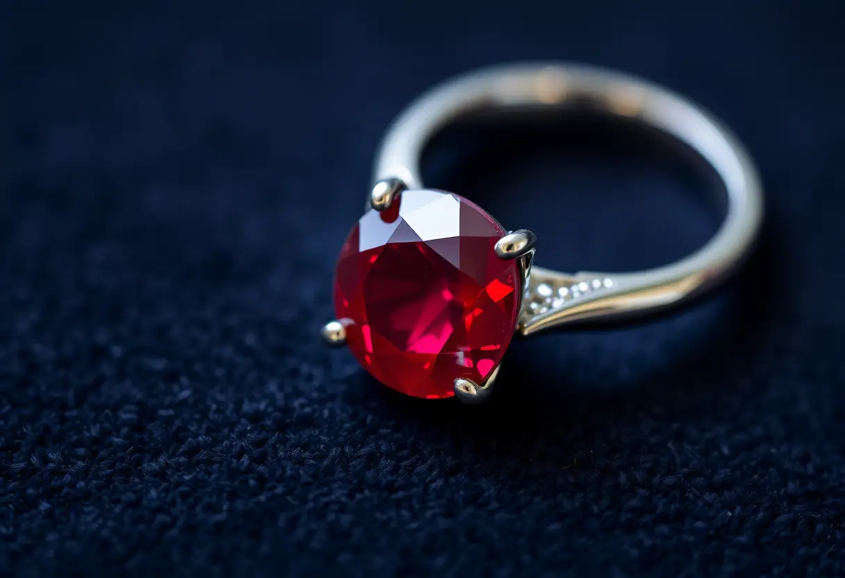 Vue rapprochée de rubis inspectés à côté d'une bague en argent