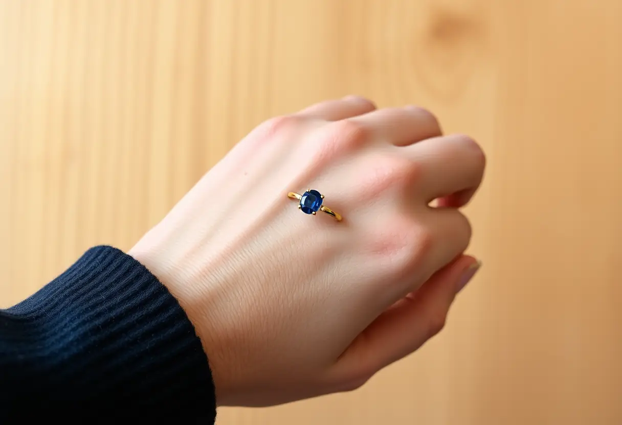 Main tenant une bague auriculaire avec saphir bleu