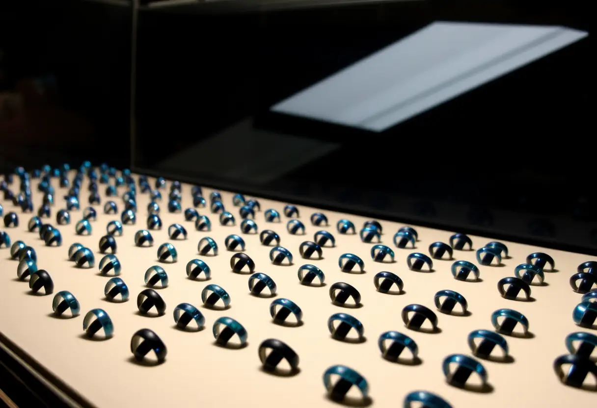 Une vitrine pleine de bagues bleues disposées en rangs, reflétant la lumière