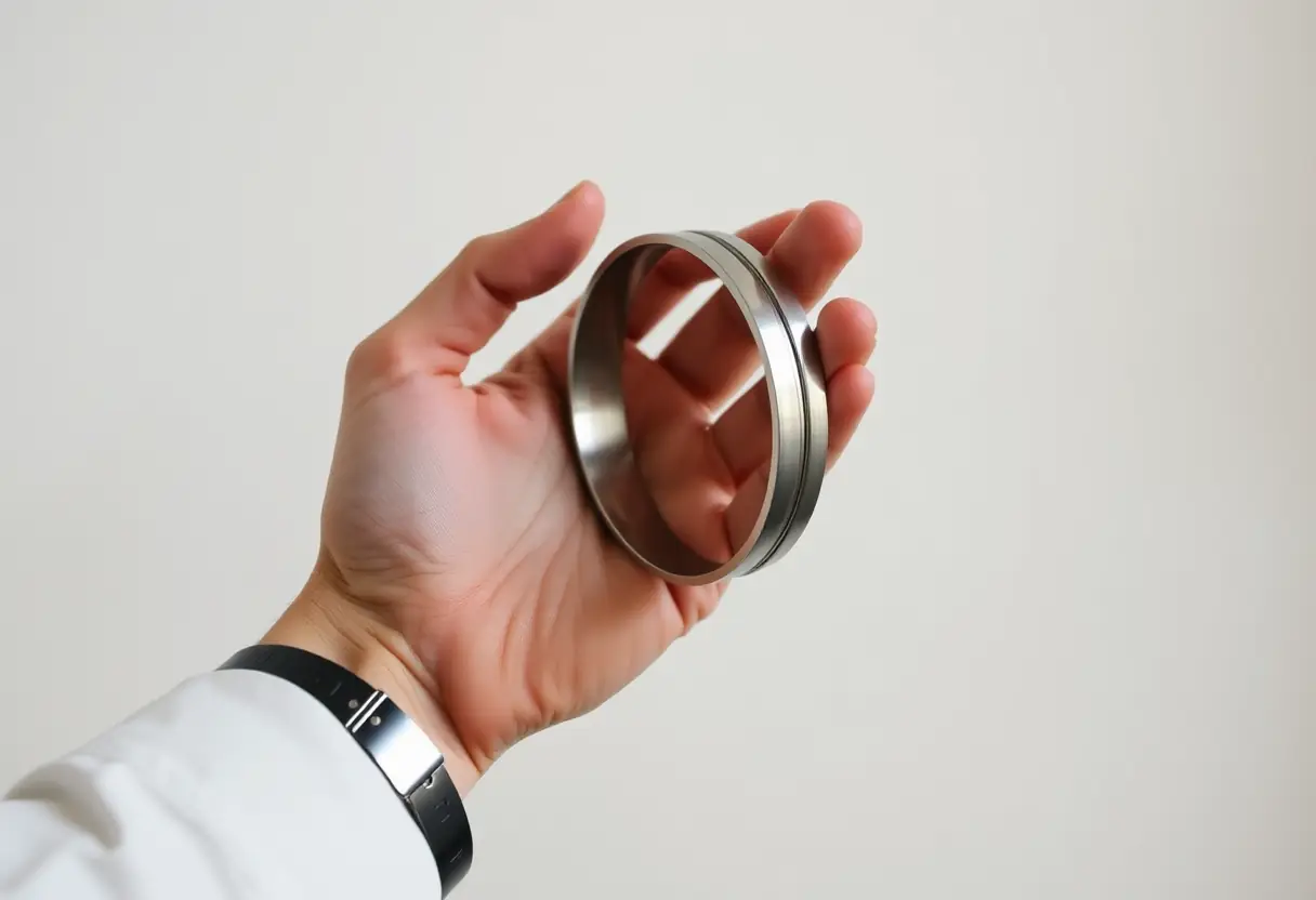Une main tenant un bracelet moderne avec compartiment secret, bijoux discrets