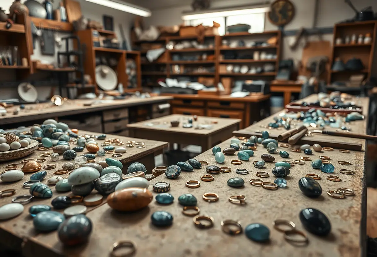 Atelier de joaillerie avec divers cabochons et bagues en cours de fabrication