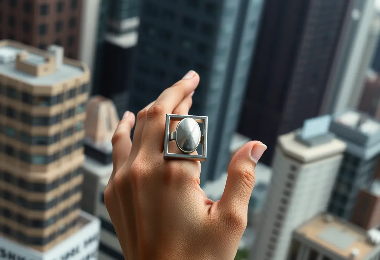 Une main tenant une bague carrée avec fermoir ovale, devant un paysage urbain flou