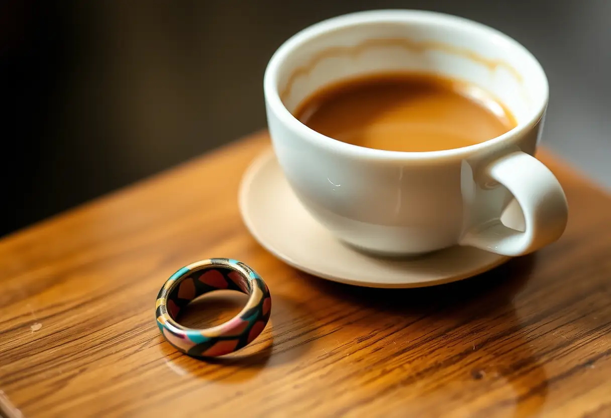Ceramic ring and coffee on a wooden table