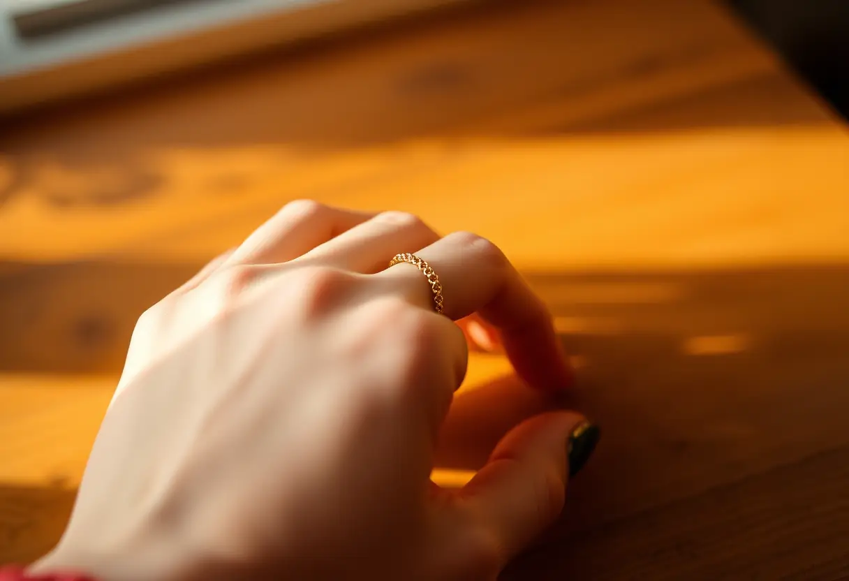 Une main féminine tenant une bague chainette en or, posée sur une table en bois avec une lumière chaleureuse