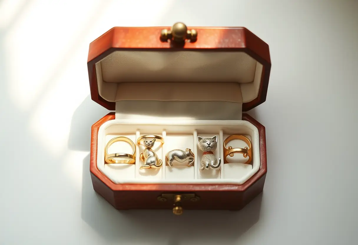 Un coffret à bijoux ouvert révélant différentes bagues en forme de chat en or et en argent