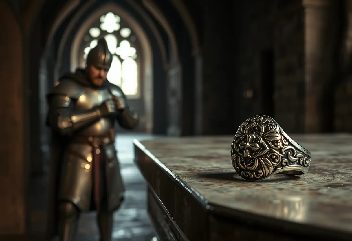 Chevalier médiéval polissant son armure dans un couloir sombre d'un château