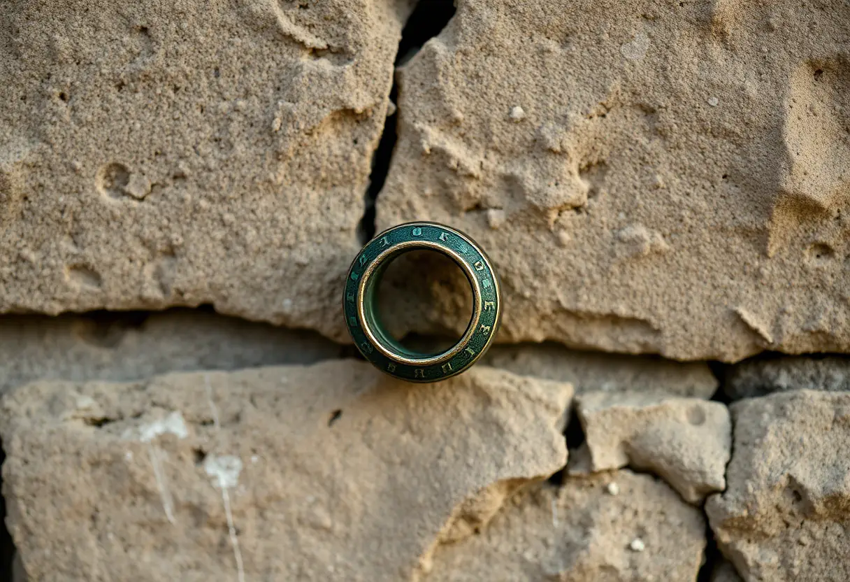 Un anneau ancien en bronze exposé contre un mur en pierre usée