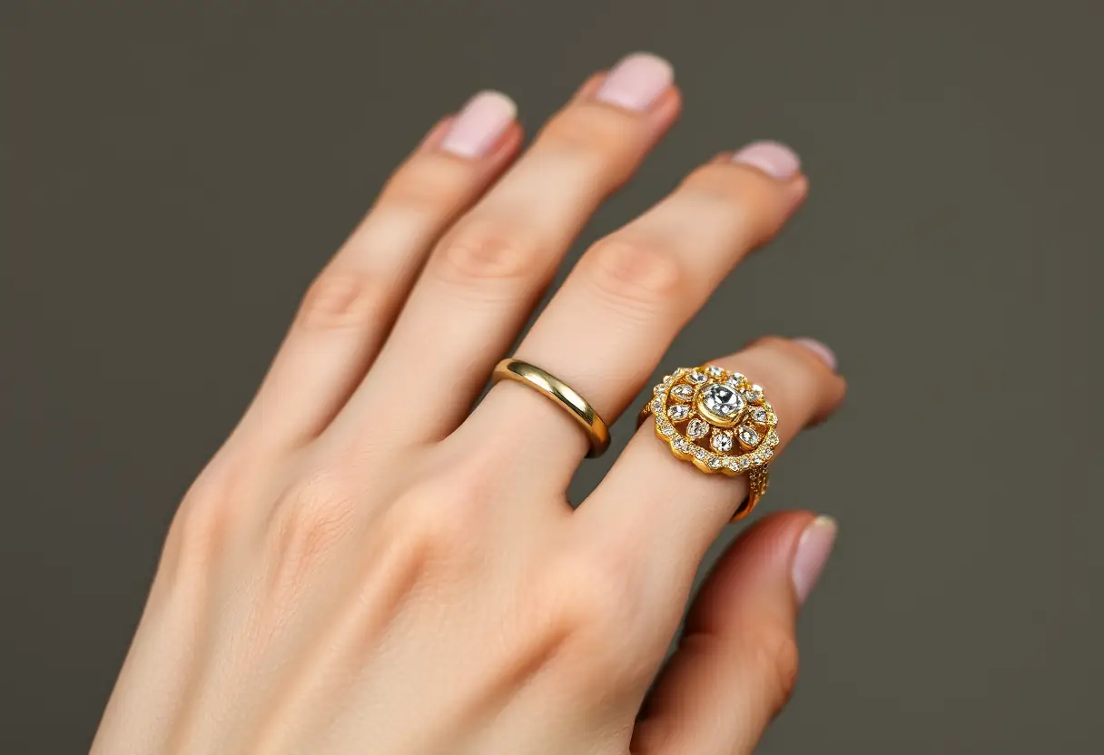 Une main tenant une bague en argent simple à côté d'une bague en or élaborée