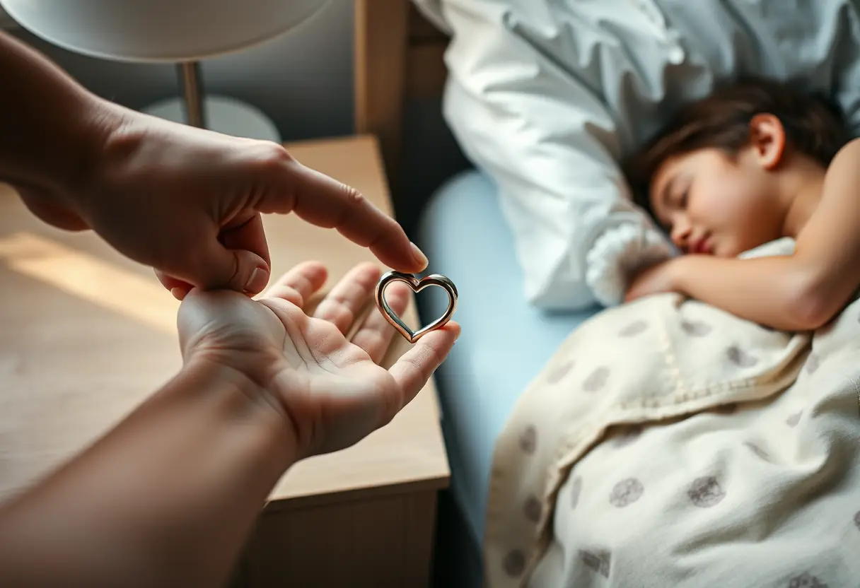 Une main posant une bague cœur magnétique près d'une amie endormie, symbolisant la tendresse