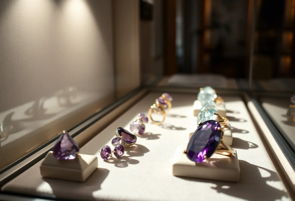 Bijoux de cristal exposés dans un magasin, notamment une bague d'améthyste
