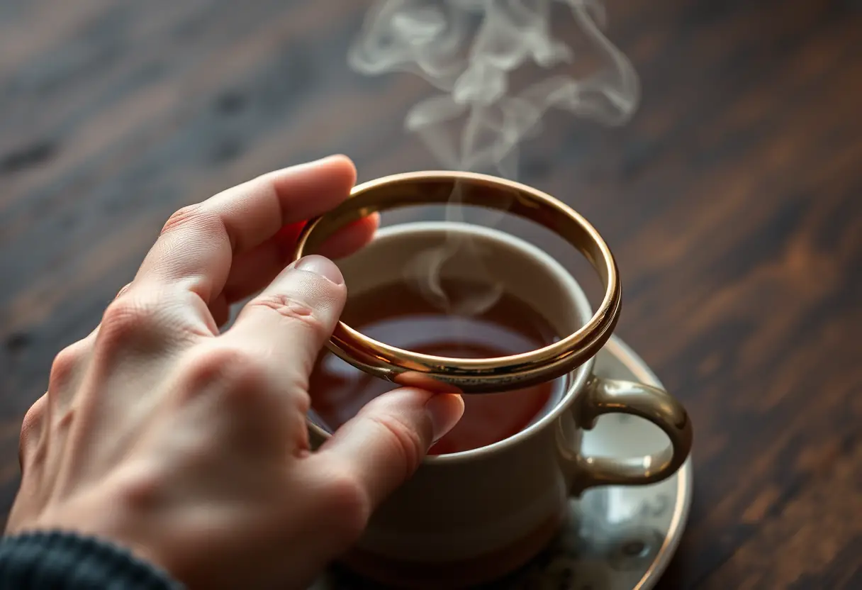 Main de cuivre au-dessus d'une tasse de thé