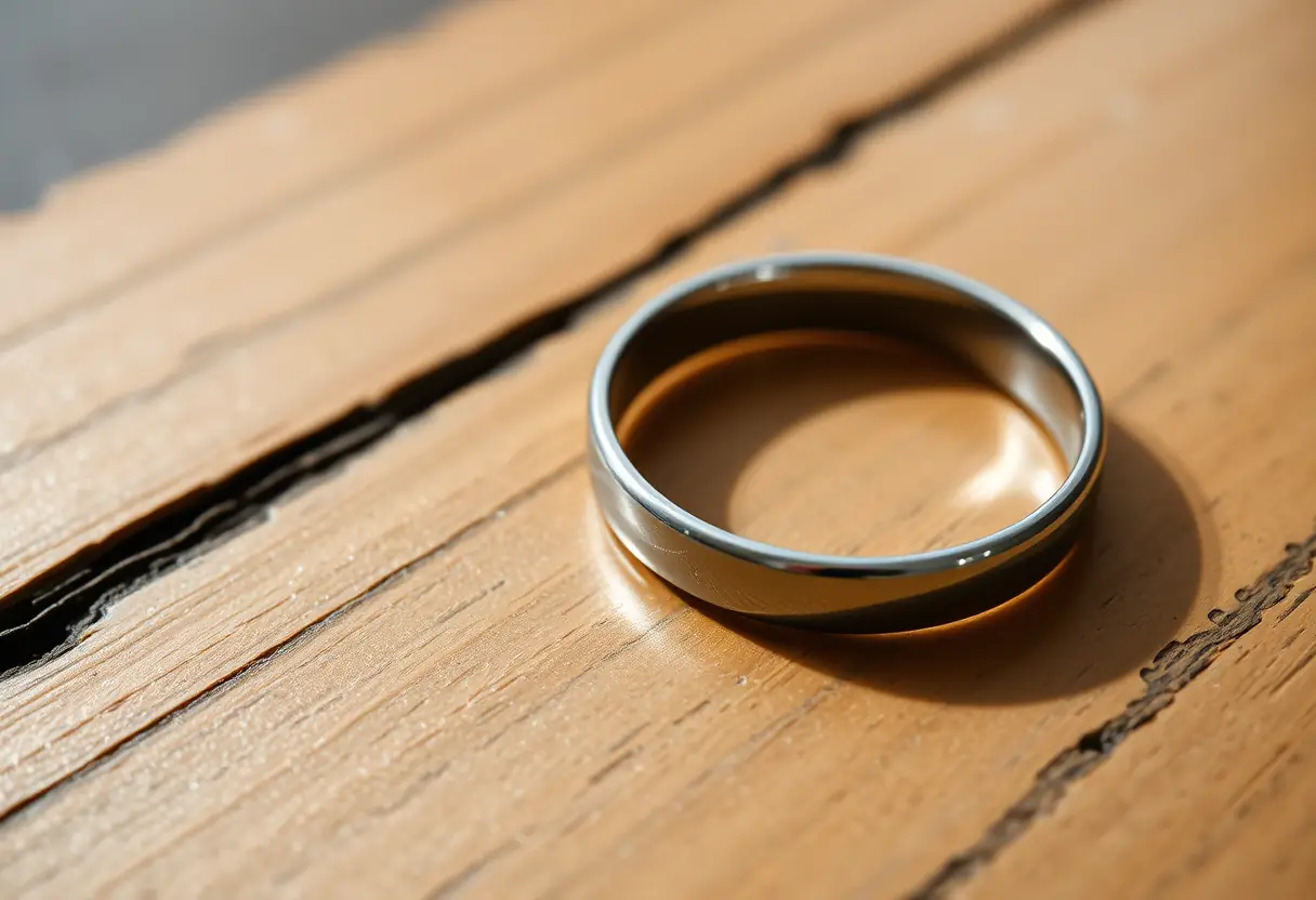 Un anneau en argent posé sur une table en bois, soulignant son design minimaliste