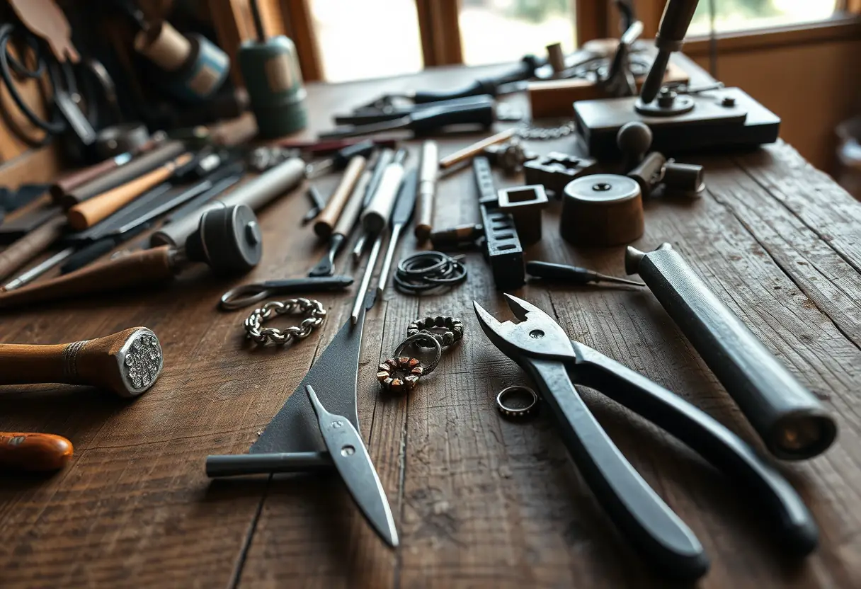 Outils de bijoutier sur un bureau en bois