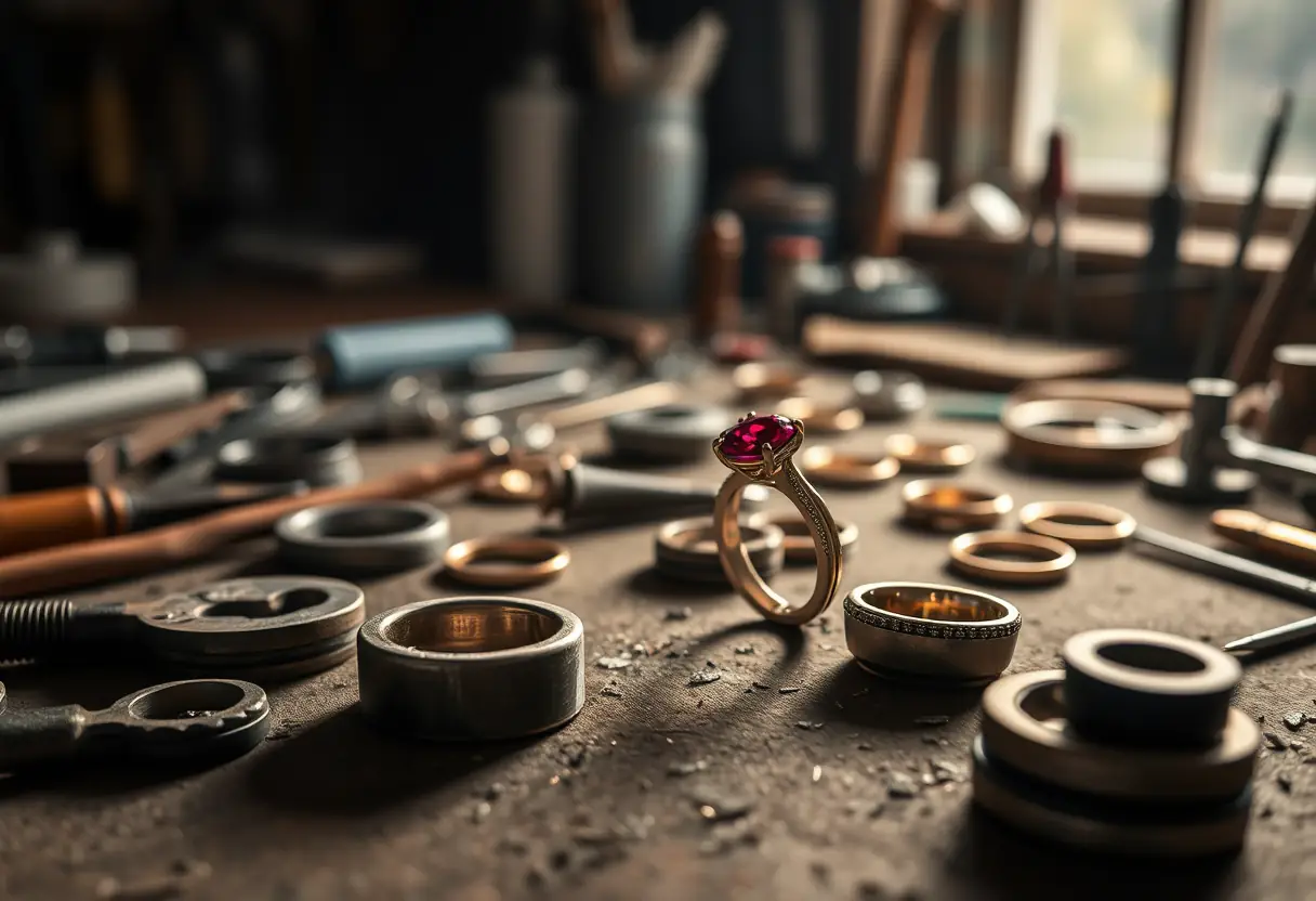 Atelier de joaillerie avec outils et bagues incomplètes en cours de fabrication