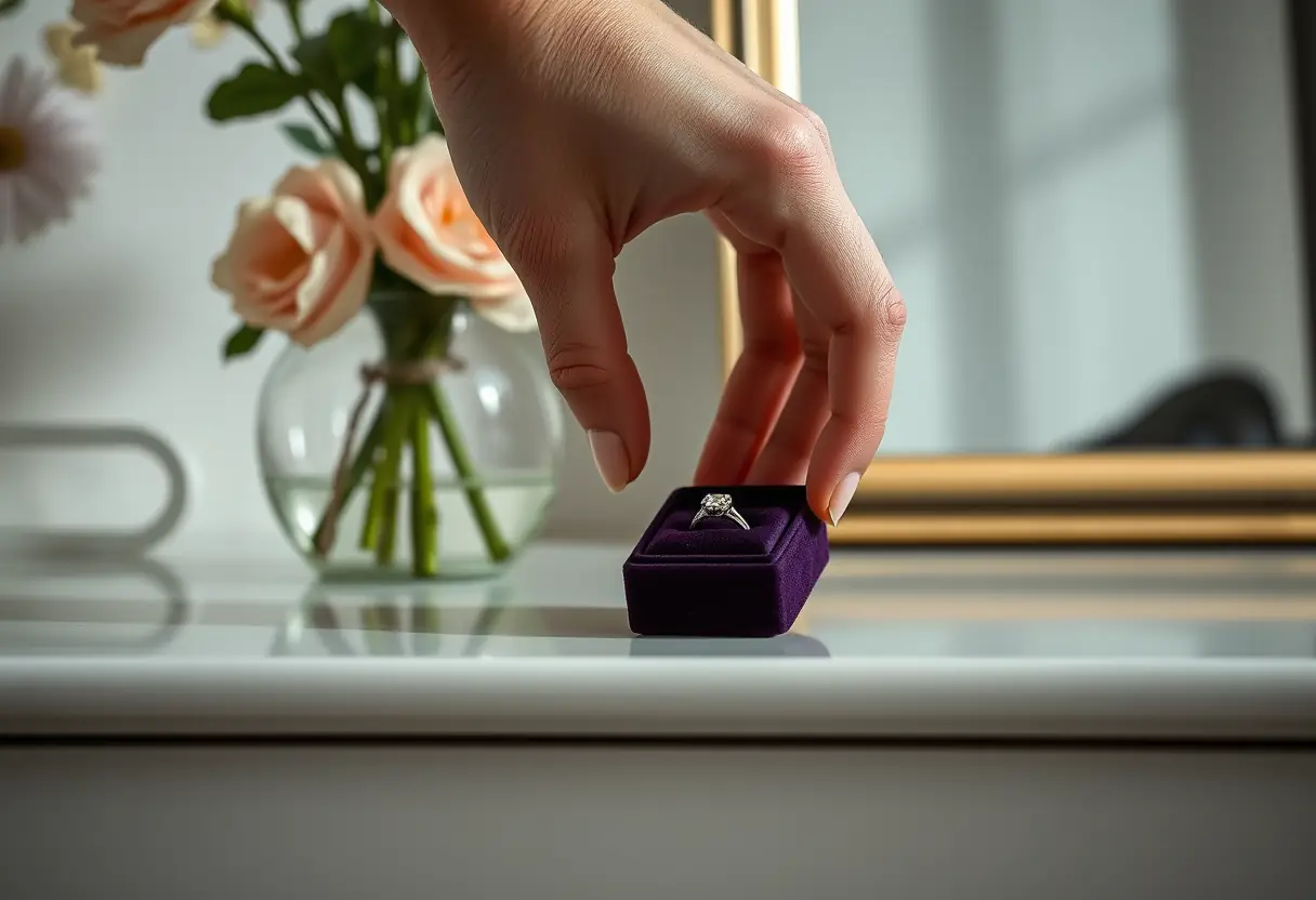Main posant un coffret velours contenant un anneau avec diamants sur une commode