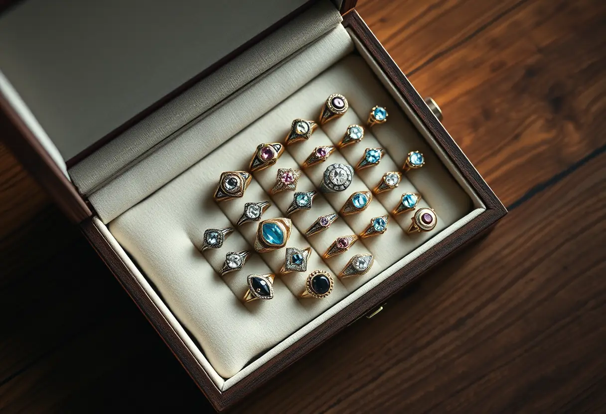 Boîte à bijoux contenant différentes bagues de pied sur une table en bois