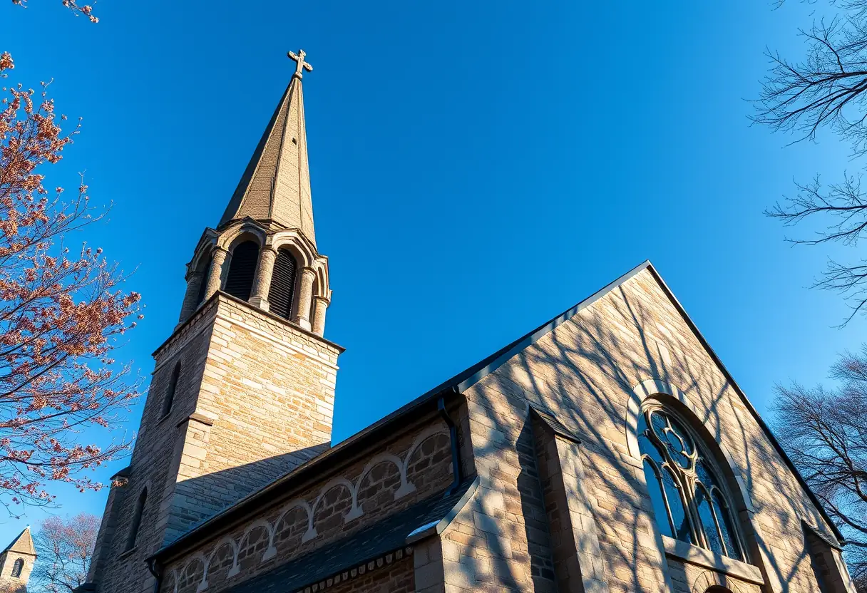 Une église ancienne sous un ciel bleu automnal