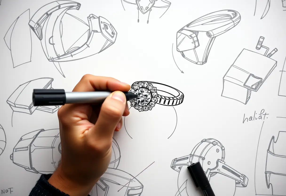 Main d’artiste utilisant un marqueur permanent fin pour détailler un anneau orné de diamants