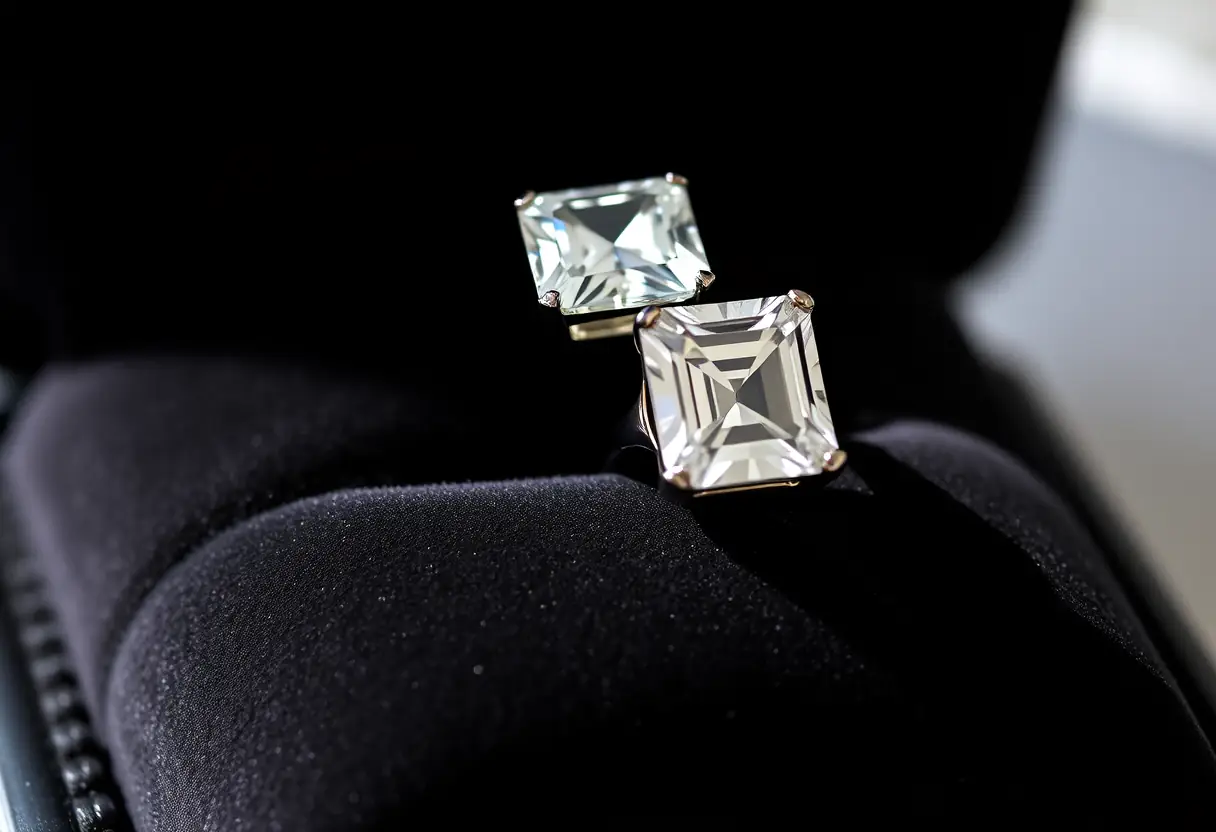 Une bague de diamant carré sur un coussin de velours noir, mettant en valeur la clarté de la pierre