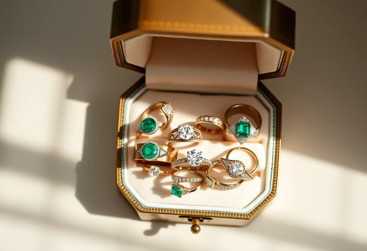 Une boîte à bijoux ouverte révélant des alliances émeraudes et diamants