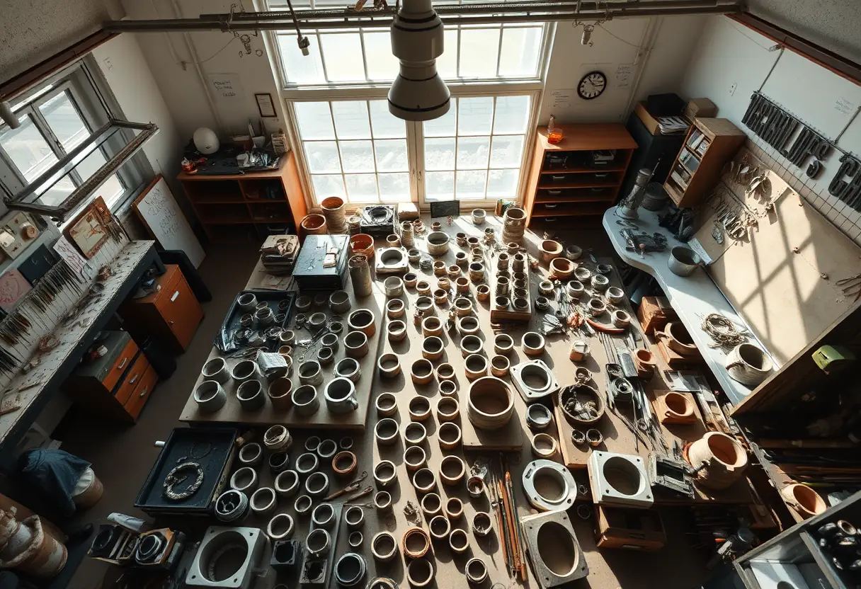 Vue d'ensemble d'un atelier de joaillerie avec des moules et outils pour anneaux
