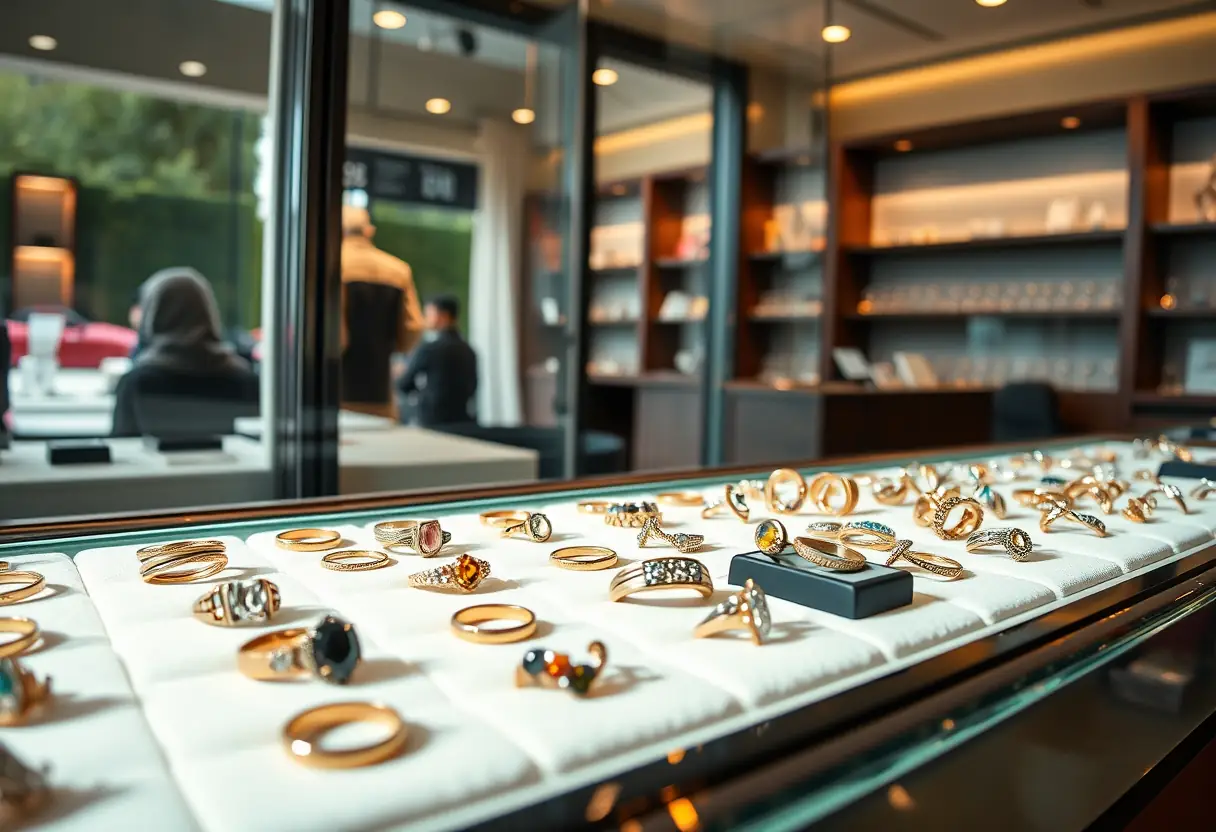 Exposition de bagues dans un magasin de joaillerie